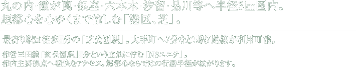 丸の内・霞が関・銀座・六本木・汐留・品川等へ半径3km圏内。
超都心を心ゆくまで愉しむ「港区、芝」。最寄り駅は徒歩5分の「芝公園駅」。大手町へ7分など5駅7路線が利用可能。都営三田線「芝公園駅」に5分という立地に佇む「N3ユニテ」。
都内主要拠点へ軽快なアクセス。超都心ならではの行動半径が拡がります。