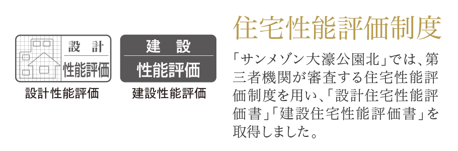 住宅性能評価制度 「サンメゾン大濠公園北」では、第三者機関が審査する住宅性能評価制度を用い、「設計住宅性能評価書」「建設住宅性能評価書」を取得。