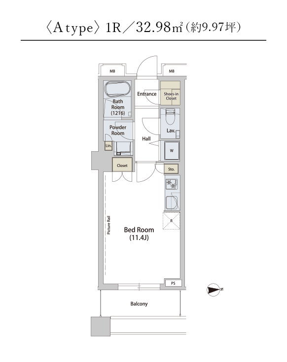 〈Atype〉1R／32.98㎡（約9.97坪）