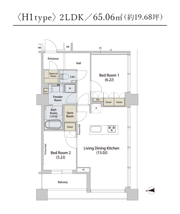 〈H1type〉2LDK／65.06㎡（約19.68坪）