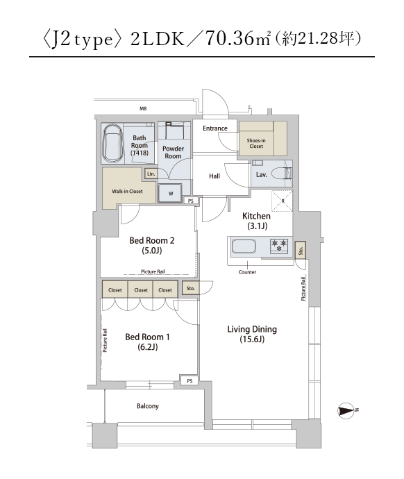 〈J2type〉2LDK／70.36㎡（約21.28坪）