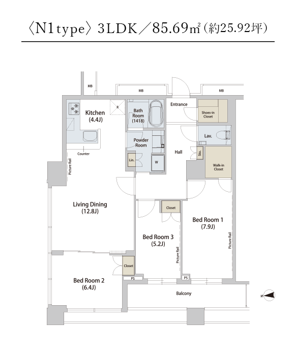 〈N1type〉3LDK／85.69㎡（約25.92坪）