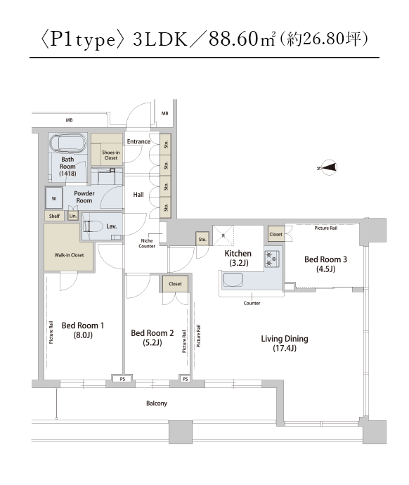 〈P1type〉3LDK／88.60㎡（約26.80坪）