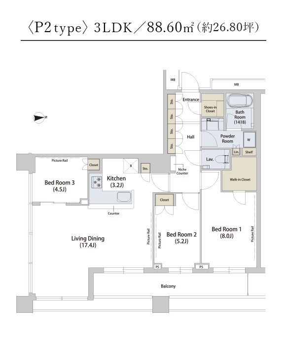 〈P2type〉3LDK／88.60㎡（約26.80坪）